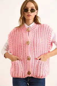 Olalook Women's Pink Thick Knitted Big Button Knitwear Cardigan - Image 5