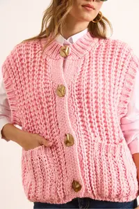 Olalook Women's Pink Thick Knitted Big Button Knitwear Cardigan - Image 6