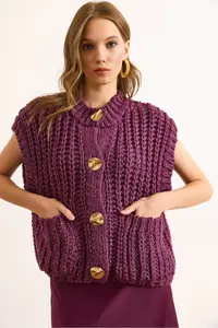 Olalook Women's Plum Thick Knitted Big Button Knitwear Cardigan