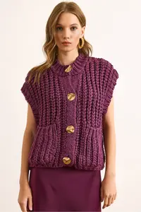 Olalook Women's Plum Thick Knitted Big Button Knitwear Cardigan - Image 2