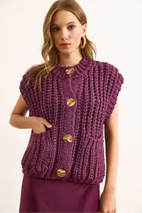 Olalook Women's Plum Thick Knitted Big Button Knitwear Cardigan - Image 3