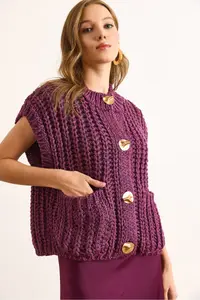 Olalook Women's Plum Thick Knitted Big Button Knitwear Cardigan - Image 4