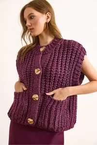 Olalook Women's Plum Thick Knitted Big Button Knitwear Cardigan - Image 5