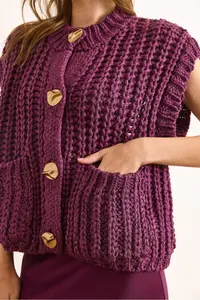 Olalook Women's Plum Thick Knitted Big Button Knitwear Cardigan - Image 6