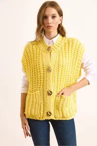 Olalook Women's Yellow Thick Knitted Big Button Knitwear Cardigan - Image 2