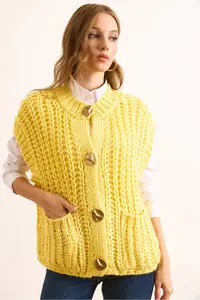 Olalook Women's Yellow Thick Knitted Big Button Knitwear Cardigan - Image 3