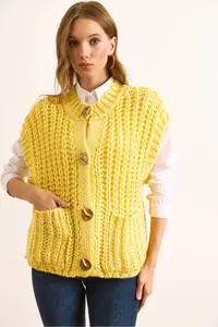 Olalook Women's Yellow Thick Knitted Big Button Knitwear Cardigan - Image 4