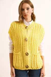 Olalook Women's Yellow Thick Knitted Big Button Knitwear Cardigan - Image 5