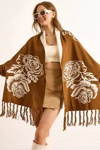 Olalook Women's Brown Rose Patterned Fringed Poncho Cardigan
