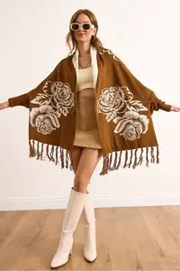 Olalook Women's Brown Rose Patterned Fringed Poncho Cardigan - Image 2