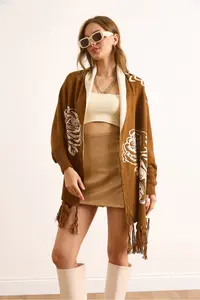 Olalook Women's Brown Rose Patterned Fringed Poncho Cardigan - Image 3