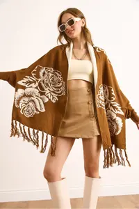 Olalook Women's Brown Rose Patterned Fringed Poncho Cardigan - Image 4