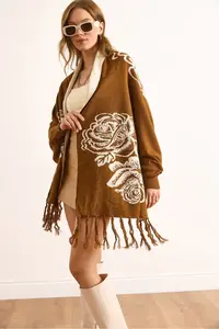 Olalook Women's Brown Rose Patterned Fringed Poncho Cardigan - Image 5