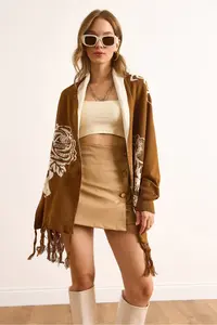 Olalook Women's Brown Rose Patterned Fringed Poncho Cardigan - Image 6
