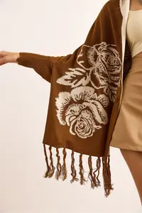 Olalook Women's Brown Rose Patterned Fringed Poncho Cardigan - Image 7