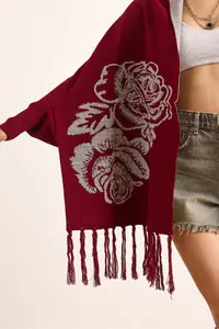 Olalook Women's Burgundy Rose Patterned Fringed Poncho Cardigan - Image 2