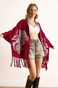 Olalook Women's Burgundy Rose Patterned Fringed Poncho Cardigan - Image 3