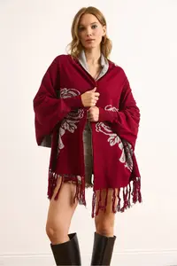 Olalook Women's Burgundy Rose Patterned Fringed Poncho Cardigan - Image 4