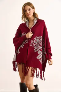 Olalook Women's Burgundy Rose Patterned Fringed Poncho Cardigan - Image 5