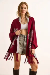 Olalook Women's Burgundy Rose Patterned Fringed Poncho Cardigan - Image 6