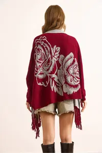 Olalook Women's Burgundy Rose Patterned Fringed Poncho Cardigan - Image 7