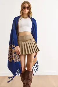 Olalook Women's Navy Blue Rose Patterned Fringed Poncho Cardigan