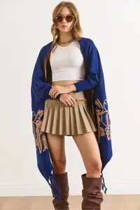 Olalook Women's Navy Blue Rose Patterned Fringed Poncho Cardigan - Image 2
