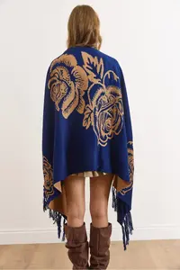 Olalook Women's Navy Blue Rose Patterned Fringed Poncho Cardigan - Image 4