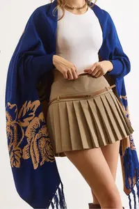 Olalook Women's Navy Blue Rose Patterned Fringed Poncho Cardigan - Image 5