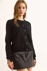 Olalook Women's Black Gold Buttoned Viscose Soft Cardigan