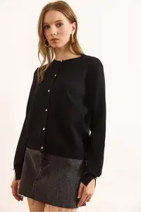 Olalook Women's Black Gold Buttoned Viscose Soft Cardigan - Image 3