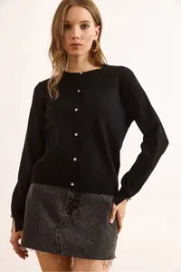 Olalook Women's Black Gold Buttoned Viscose Soft Cardigan - Image 4