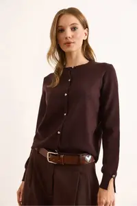 Olalook Women's Brown Gold Buttoned Viscose Soft Cardigan - Image 2