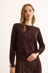 Olalook Women's Brown Gold Buttoned Viscose Soft Cardigan - Image 3
