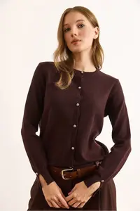 Olalook Women's Brown Gold Buttoned Viscose Soft Cardigan - Image 4