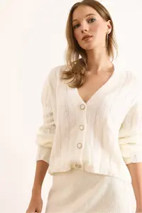 Olalook Women's White Thick Ribbed Soft Textured Cardigan - Image 2