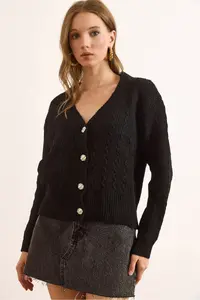 Olalook Women's Black Wave Detailed Soft Textured Cardigan
