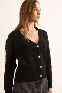 Olalook Women's Black Wave Detailed Soft Textured Cardigan - Image 5