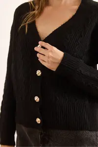 Olalook Women's Black Wave Detailed Soft Textured Cardigan - Image 6
