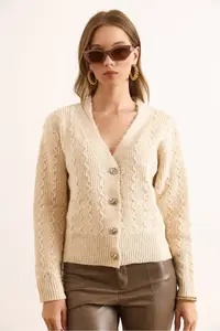 Olalook Women's Ecru Wave Detailed Soft Textured Cardigan - Image 3