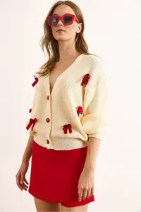 Olalook Women's Ecru Bow Detailed 3 Button Knitwear Cardigan - Image 2