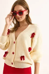 Olalook Women's Ecru Bow Detailed 3 Button Knitwear Cardigan - Image 3
