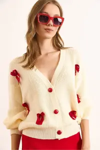 Olalook Women's Ecru Bow Detailed 3 Button Knitwear Cardigan - Image 4
