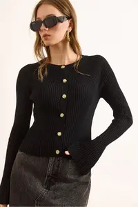 Olalook Women's Black Gold Buttoned Spanish Sleeve Ribbed Cardigan