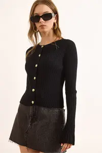 Olalook Women's Black Gold Buttoned Spanish Sleeve Ribbed Cardigan - Image 3