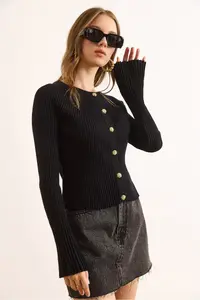 Olalook Women's Black Gold Buttoned Spanish Sleeve Ribbed Cardigan - Image 4