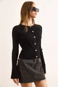 Olalook Women's Black Gold Buttoned Spanish Sleeve Ribbed Cardigan - Image 5