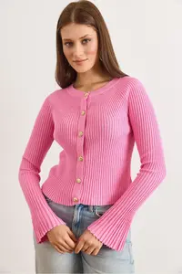 Olalook Women's Pink Gold Buttoned Spanish Sleeve Ribbed Cardigan - Image 3
