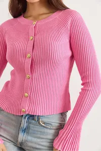 Olalook Women's Pink Gold Buttoned Spanish Sleeve Ribbed Cardigan - Image 5