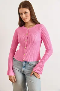 Olalook Women's Pink Gold Buttoned Spanish Sleeve Ribbed Cardigan - Image 6